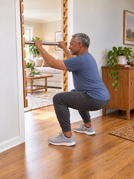 An older man holding a raised bar during a supported squat with both heels on the floor