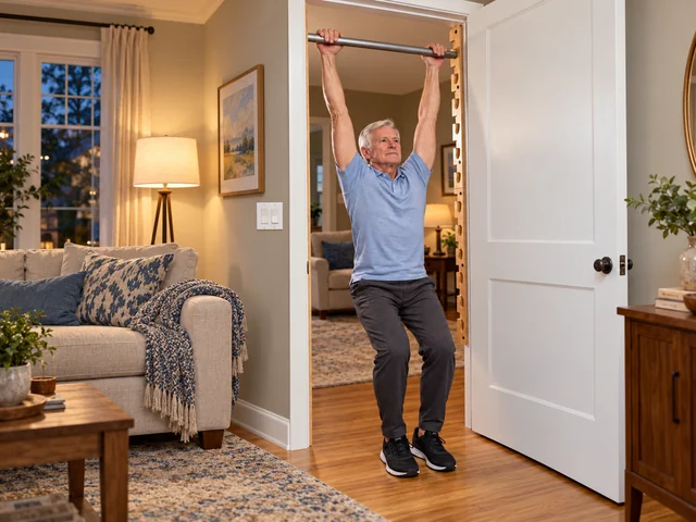 An older man taking a feet-supported overhead stretch in a softly lit home