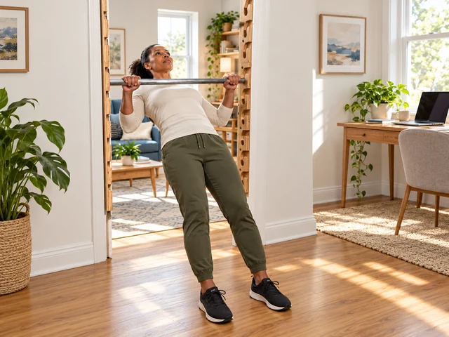 A woman doing a feet-supported bodyweight row beside a home office desk