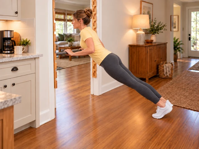 A woman doing an incline push-up on the Primal Tower beside a coffee maker in warm morning light